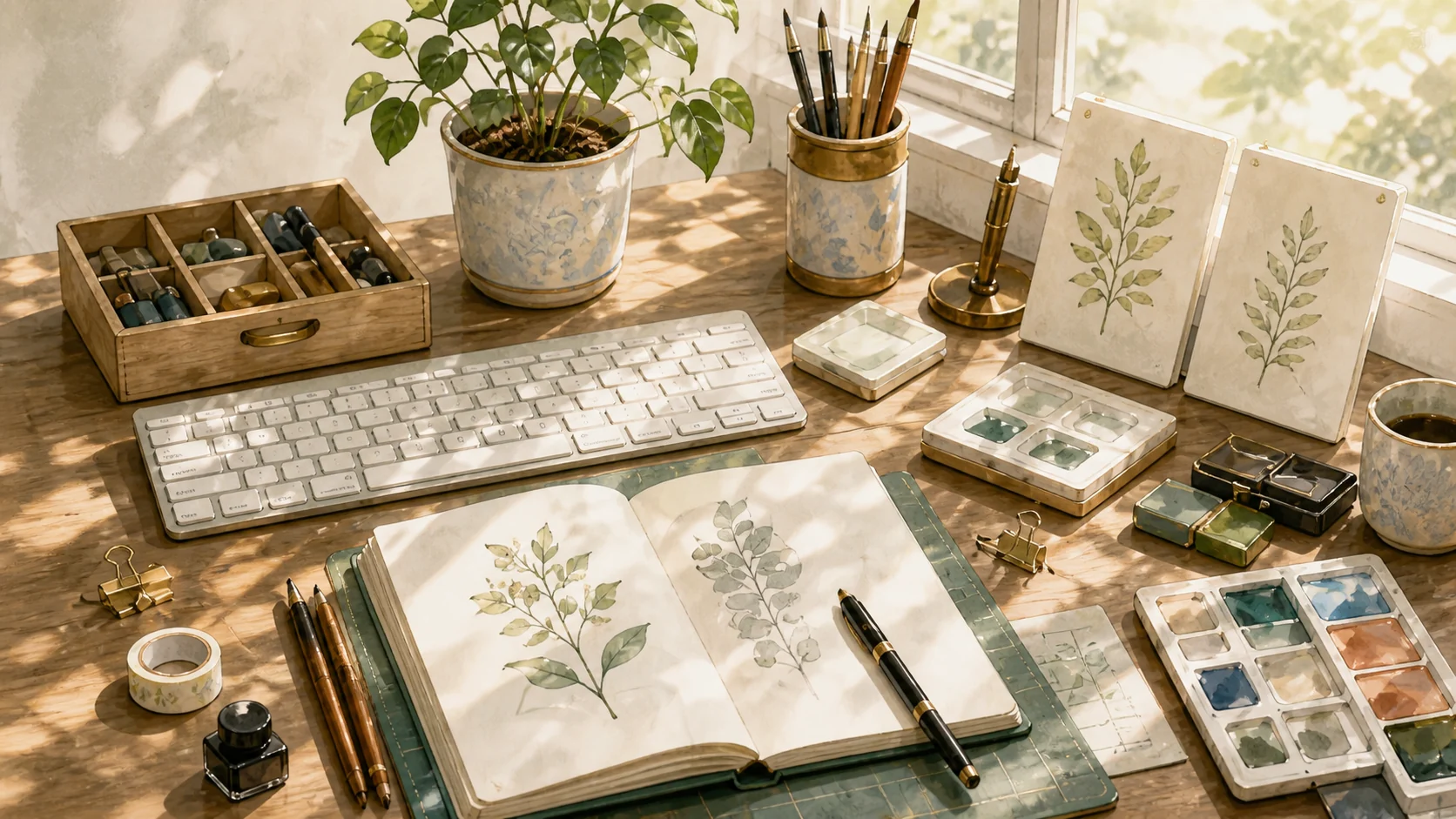 阳光下摆放着键盘、植物手绘本、画具和绿植的创作桌面
